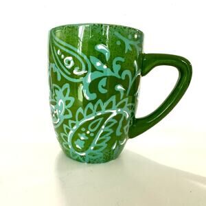 Laurie Gates Green Hand Painted Paisley Stoneware Mug 14 oz 4.75 Tall